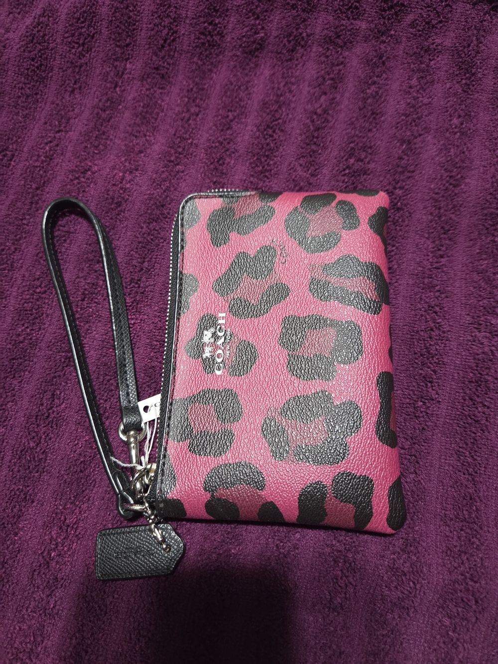 Coach Pink and Black Leopard Leather Wristlet